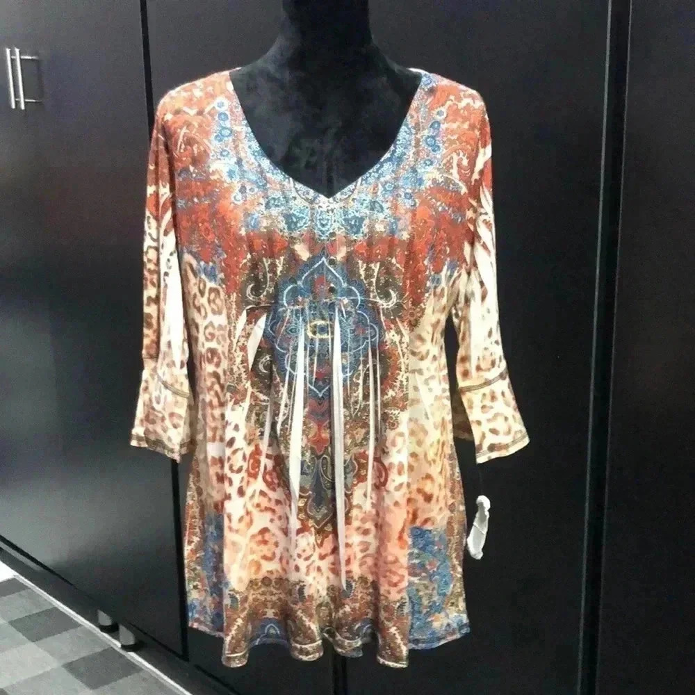 Energe Boho & Animal print, bell mid sleeve,v-neck,gold button detail
